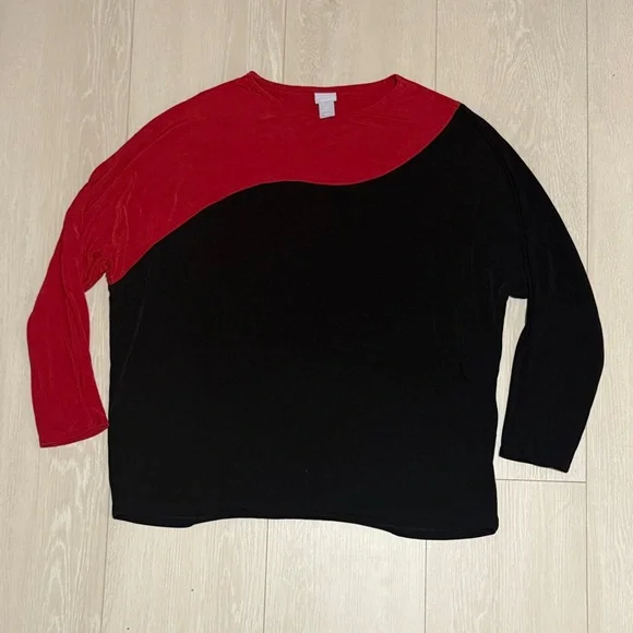3/$10 Chico's Vibrant Red Black Long Sleeve Top - Picture 1 of 8